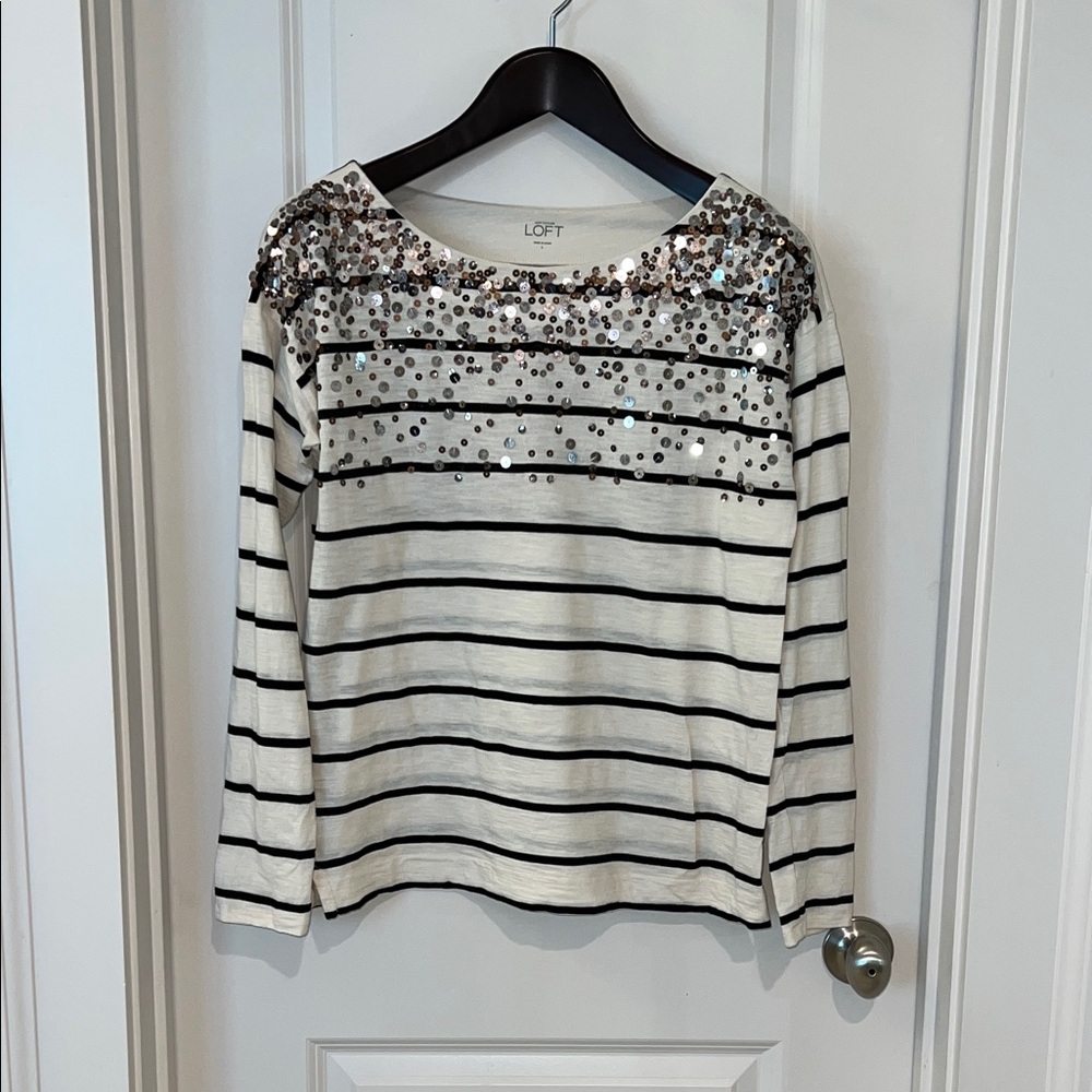 LOFT Sequin Embellished Striped Long Sleeve Top - Black and White, size L